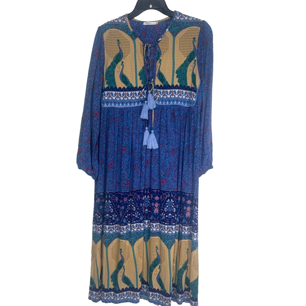 R.VIVIMOS WOMENS LONG SLEEVE FLORAL PRNT RETRO V NECK TASSEL BOHEMIAN MIDI DRESS